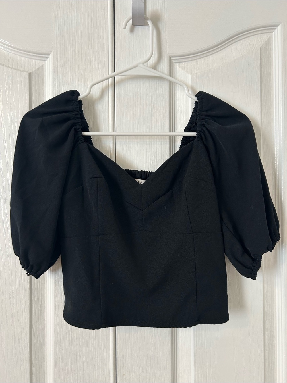 Black Puff-Sleeve V-Neck Top